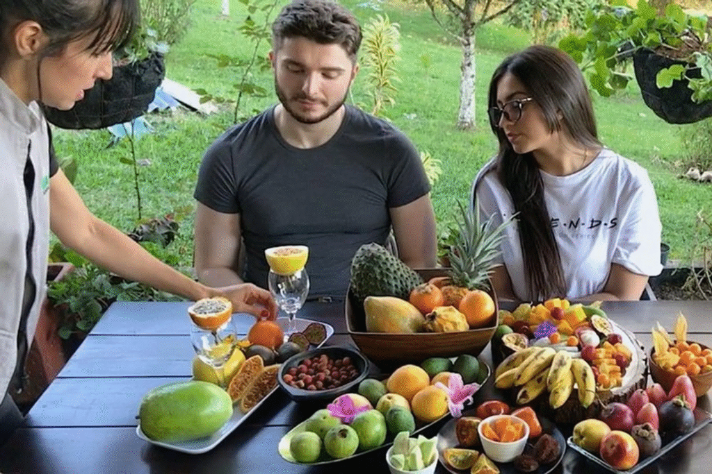 Tasting tropical fruits in a local garden