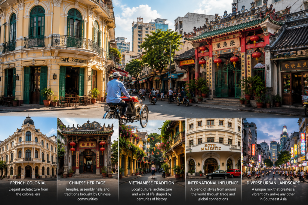 Beyond the modern skyline lies a city shaped by multiple cultural influences. Throughout the cyclo journey, travelers encounter neighborhoods that reveal different chapters of Saigon's development.