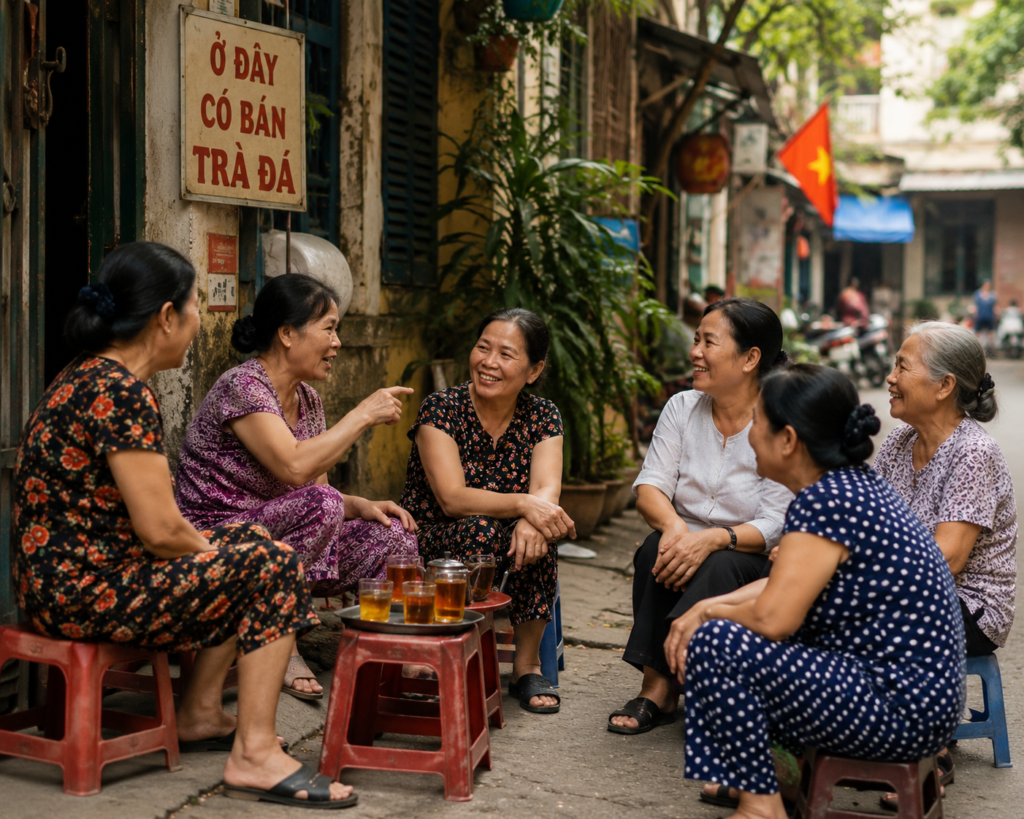 Love how community life happens right on the sidewalks. Neighbors gathering on plastic stools, drinking tea, and gossiping after sunset. This friendly, open warmth is unmatched.