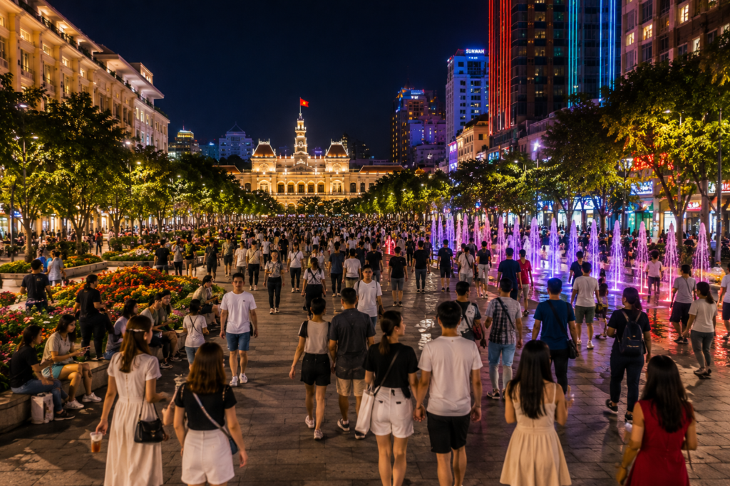 If you want to feel the true pulse of Saigon, head to Nguyen Hue Walking Street after sunset. It’s where the city’s energy comes alive