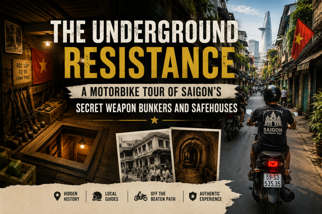 A motorbike journey through Saigon’s hidden streets reveals the secret locations that once supported underground resistance networks during wartime.