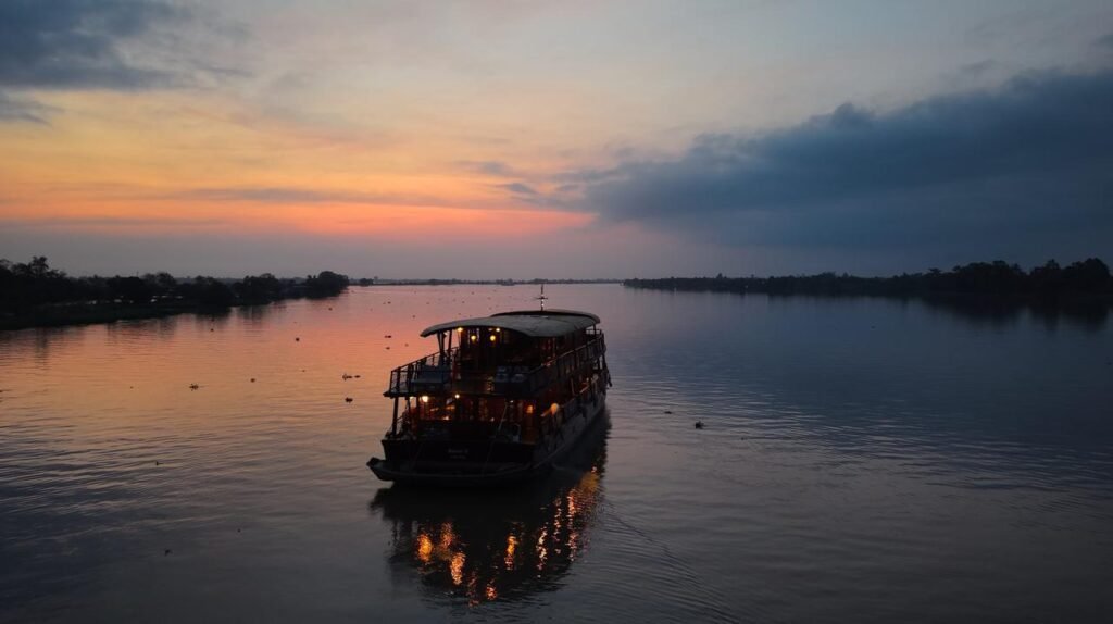 Sunrise illuminating the waterways of the Mekong Delta in southern Vietnam.