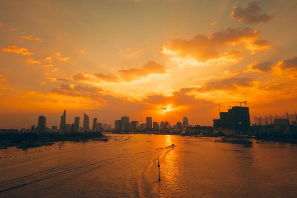 Whether overlooking the Saigon River, the Mekong Delta, a fishing village, or a coastal beach, sunset often marks a transition from work to relaxation