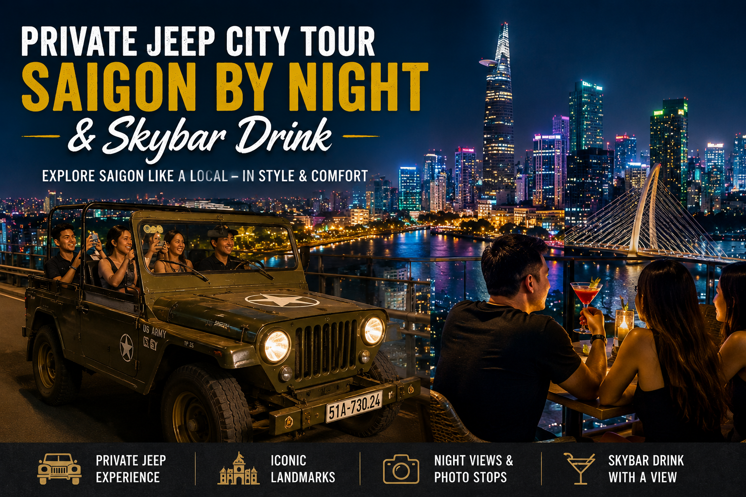Private Jeep City Tour Saigon By Night and Skybar Drink